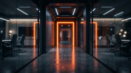Naklejka premium Futuristic corporate office corridor has an intense glowing neon orange rectangular light portal over modern glass meeting rooms.