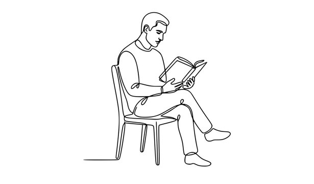 Continuous Line Art of Man Reading Book Minimalist Education Learning Vector