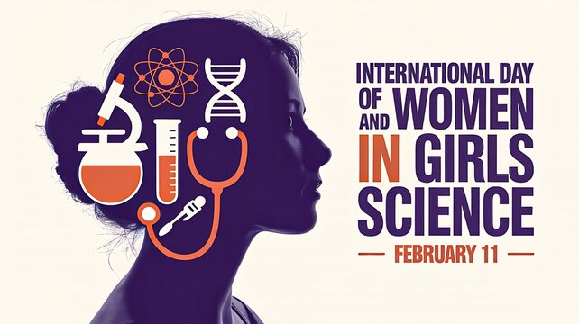 International day of women and girls in science with female silhouette and scientific research