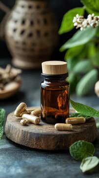 A natural herbal remedy in a glass jar on a wooden slab, surrounded by green leaves and herbal capsules.