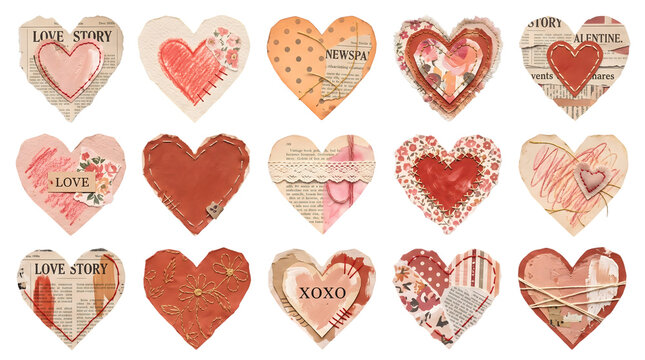 Set of vintage romantic heart stickers with textured paper lace patterns love