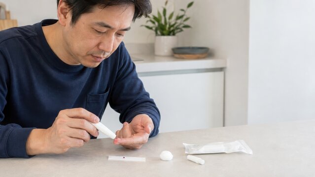 Asian male performing a blood test at home using a finger prick device and test kit on a light-colored countertop with plants in the background