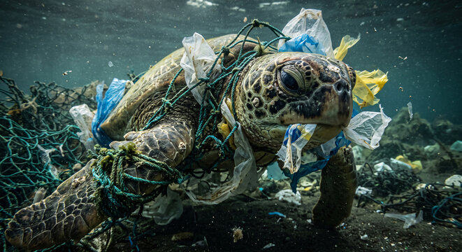 Sea turtle entangled in plastic fishing nets and ocean garbage
