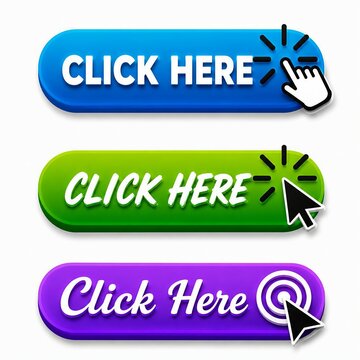 Colorful click here buttons with cursor pointer effects for web design