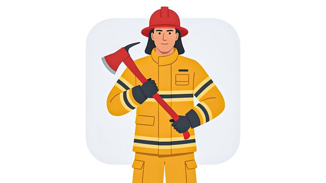 Firefighter holding rescue axe wearing protective uniform safety equipment flat vector illustration