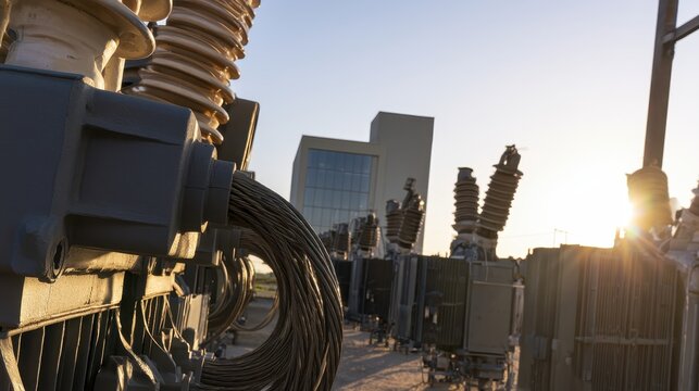 Industrial electrical substation with barbed wire fence at golden hour urban skyline backdrop
