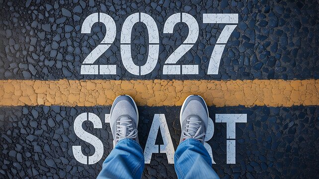Person standing at 2027 start line symbolizing new year goals success and fresh beginnings