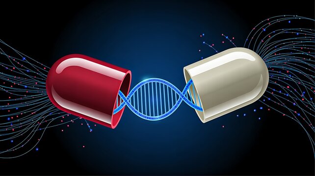 Medical capsules with dna helix representing pharmaceutical genetics and biotechnology