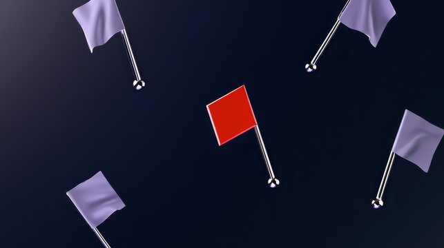 Four metallic flag pins floating on dark gradient background for corporate branding and global business concepts