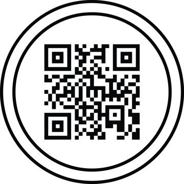 A circular black and white QR code symbol isolated on a white background.