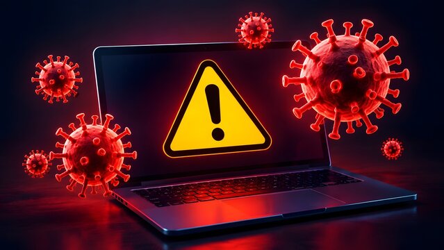 Conceptual visualization of computer virus infection with red pathogen models and yellow warning alert sign on laptop screen representing cybersecurity threat