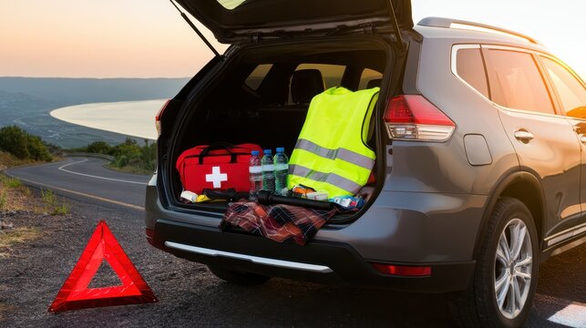 Emergency roadside assistance with first aid kit and reflective safety vest in open SUV trunk