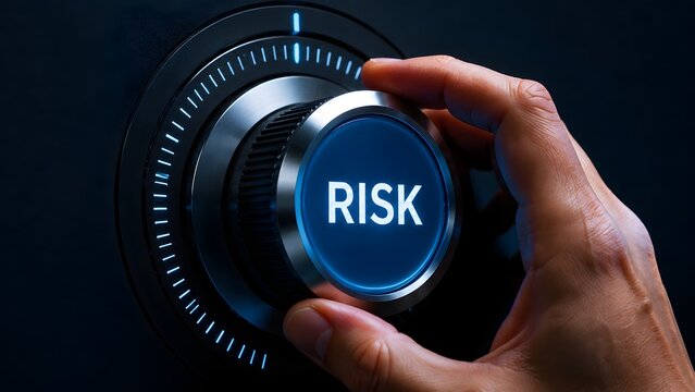 Close up of person hand turning metallic dial with glowing blue risk text representing financial risk management and security level adjustment