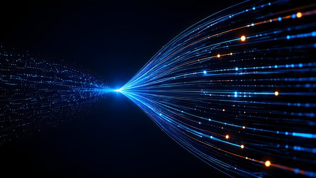 Dynamic glowing blue and orange light beams radiating from central point representing high speed internet data stream and fiber optic connectivity