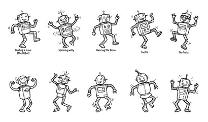 Fototapeta premium Funny Dancing Robot Line Art Vector Set, Cartoon Android Characters in Dynamic Dance Movement Poses