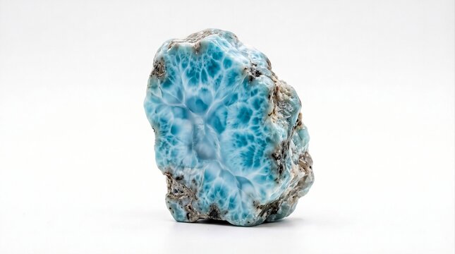 Natural blue larimar stone specimen with distinctive pale blue and white mineral patterns, isolated on a clean white background.