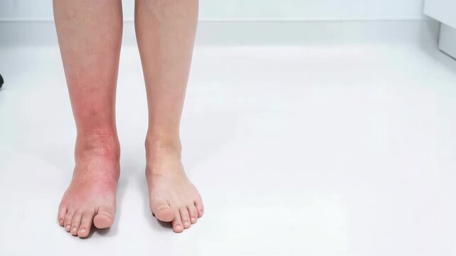 Severe red swollen leg of standing patient on white floor, vascular disease symptoms and skin infection diagnosis