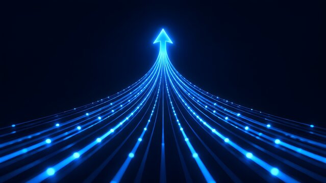 Abstract glowing blue digital arrow formed by converging light trails representing high speed data transmission network and technological business advancement.