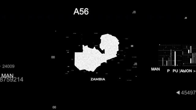 Zambia map animation showcasing economy, infrastructure, technology, population, energy, trade, and national development data for presentations, films, documentaries, and motion graphics.