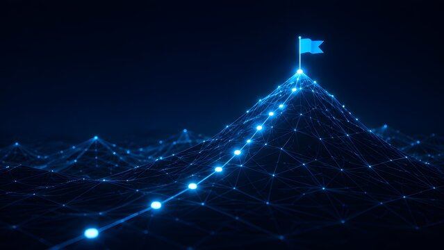Glowing digital pathway leading to flag on mountain peak symbolizing successful business strategy technological milestone and corporate leadership goal.