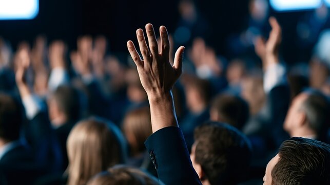 Person in an audience raising a hand, actively participating in a business conference, seminar, or meeting, seeking attention to ask a question or provide input