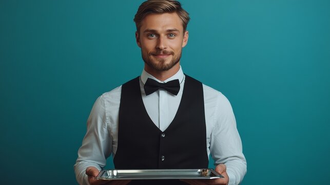 A smiling waiter in a vest and bow tie holds a silver tray against a teal background.
