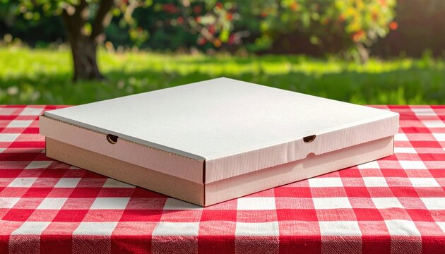 Blank cardboard pizza box sitting on a red and white checkered picnic tablecloth in a garden setting, fast food delivery packaging