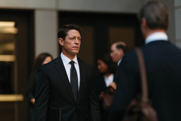 Fototapeta premium A serious man is seen leaving a courthouse, reflecting the weight of legal proceedings and the significance of law in a professional atmosphere.