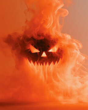 Halloween jack o lantern emerging from thick orange smoke and spooky mist