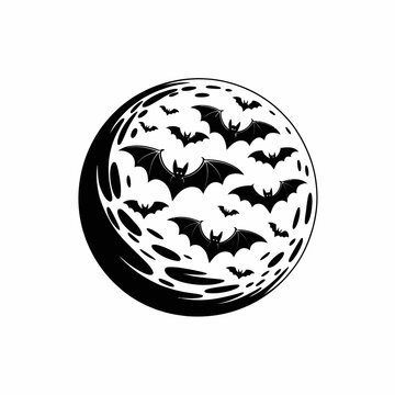 Swarm of bats flying across textured full moon Halloween graphic