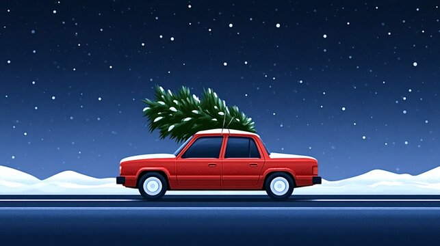 Red car driving on a snowy road at night, transporting a fresh pine christmas tree on its roof under a starry sky, representing holiday travel and winter celebrations