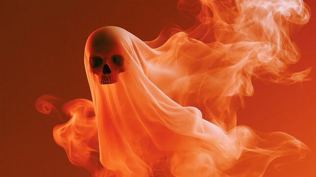 A creepy ghostly skull shrouded in a veil of orange smoke