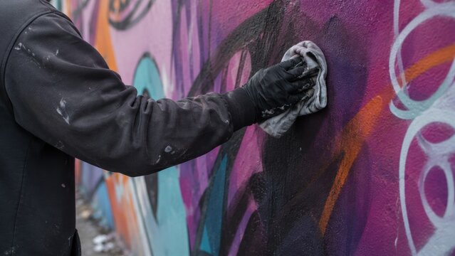 A graffiti artist wearing black gloves and a hoodie wipes a vibrant spray-painted wall with a cloth in an urban setting.