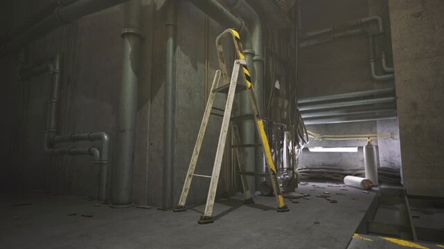 Service ladder staged for inspection in concrete basement, overhead conduits and pipes, hazard stripes on floor, tool marks and lowkey lighting indicating