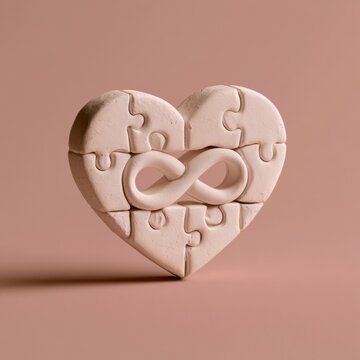 A clay heart made of puzzle pieces shows an infinity loop in the center. Soft blush background enhances the charm of this unique design.