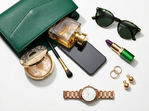 Luxury accessories spilling from green clutch bag on white background.