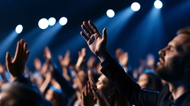 People raising hands during a live concert or spiritual event, feeling devotion and unity under bright stage spotlights, expressing faith, prayer, and connection