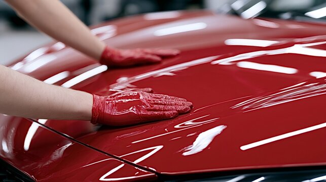 Hands in red protective gloves applying polish or wax to the vibrant red surface of a car, enhancing its shine and providing paint protection during a detailing process
