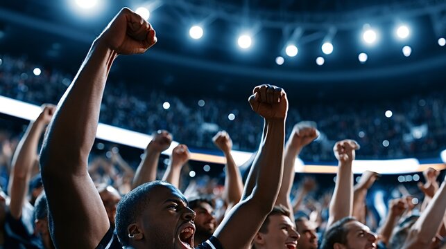 Energetic crowd of diverse sports fans celebrating success and unity, raising fists in the air and shouting with excitement during a thrilling event in a brightly lit arena