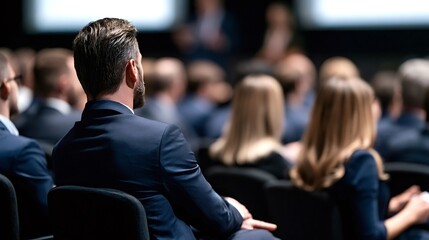 Obraz premium Business professionals and audience members are attending a corporate seminar, listening attentively to a speaker on stage during an educational event