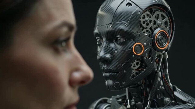 Close-up footage of a woman's profile looking intently at a blurred humanoid robot in a dark background