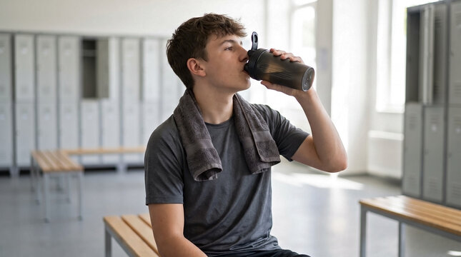 Teenager drinking protein shake in locker room after workout. Young male teenager drinking protein shake from bottle, recovering on bench with towel. 