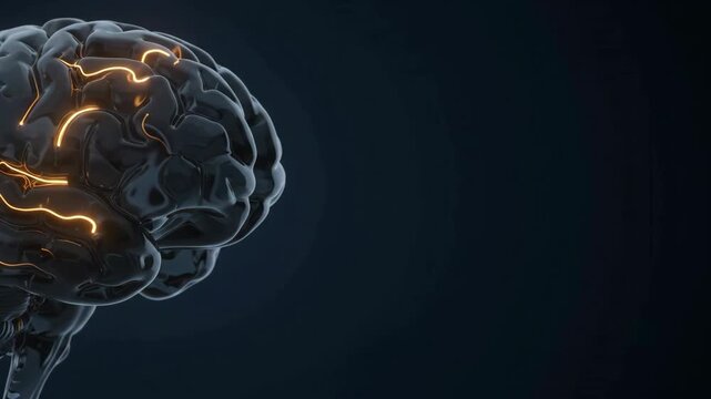 3D render of a stylized human brain with glowing orange neural activity and synapses against a dark background with copy space.