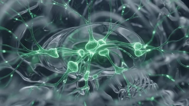3D animation of a transparent glass human brain model with glowing green light pulses representing neural activity.