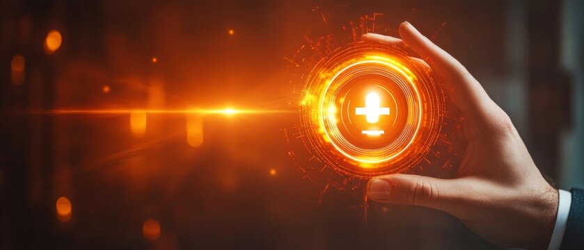 A hand holds a glowing orange digital interface with a plus icon against a blurred background with bokeh lights.