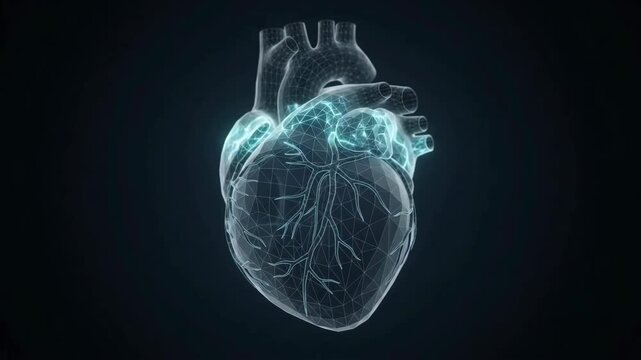 A 3D wireframe digital model of a human heart rotating slowly against a dark background for medical and scientific visualization.