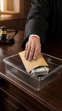 Judge's hand placing an envelope containing cash into a transparent box on a wooden desk, gavel and courtroom background visible, suggesting corruption in legal proceedings