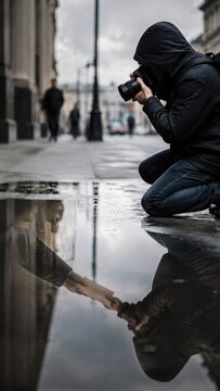 Photographer in black jacket kneeling beside a puddle captures reflection of hand holding a document on a city street with pedestrians in the background