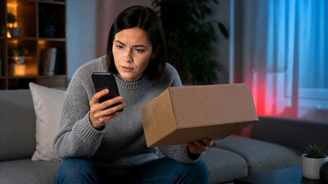 Concerned woman looking at her smartphone while holding a cardboard box. Delivery message fraud awareness concept in a dark living room