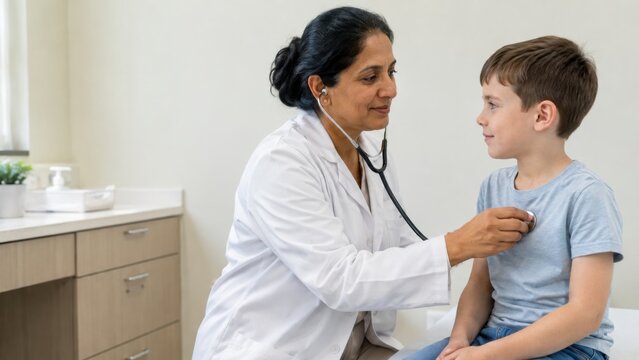 Female pediatrician using stethoscope to examine young boy in a medical office, with light-colored walls and wooden furniture in the background